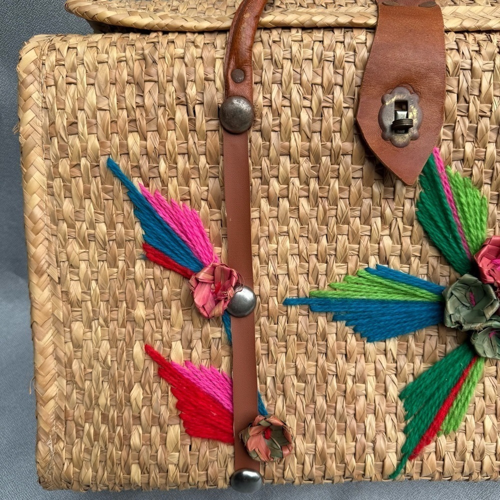 Raffia Straw Tote Bag Mexican Boho Bag Purse Beach Bag Tote w Leather Accent - Picture 3 of 6